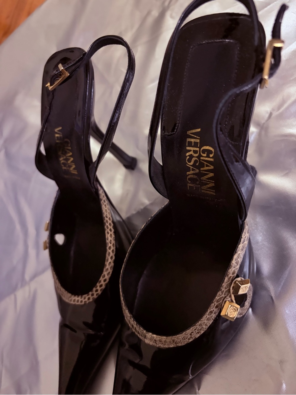 Versace Black Patent Pointed Slingback Pumps with Gold Accent - Picture 8 of 11